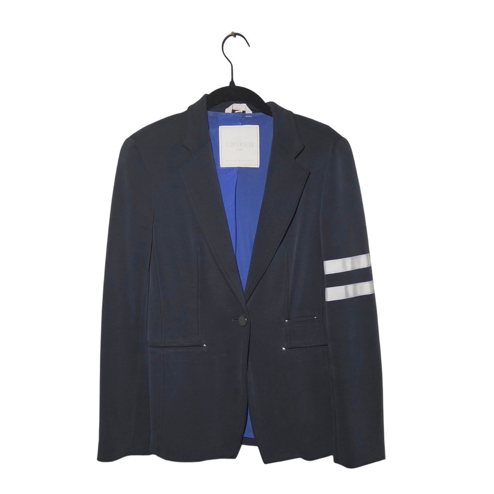 Sosken Studios Blazer Womens M Navy Blue Stripe Sleeve Marisa Minicucci Studio